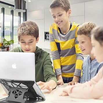 STRIFF Adjustable Laptop Tabletop Stand Patented Riser Ventilated Portable Foldable Compatible with MacBook Notebook Tablet Tray Desk Table Book with Free Phone Stand (Black)_3